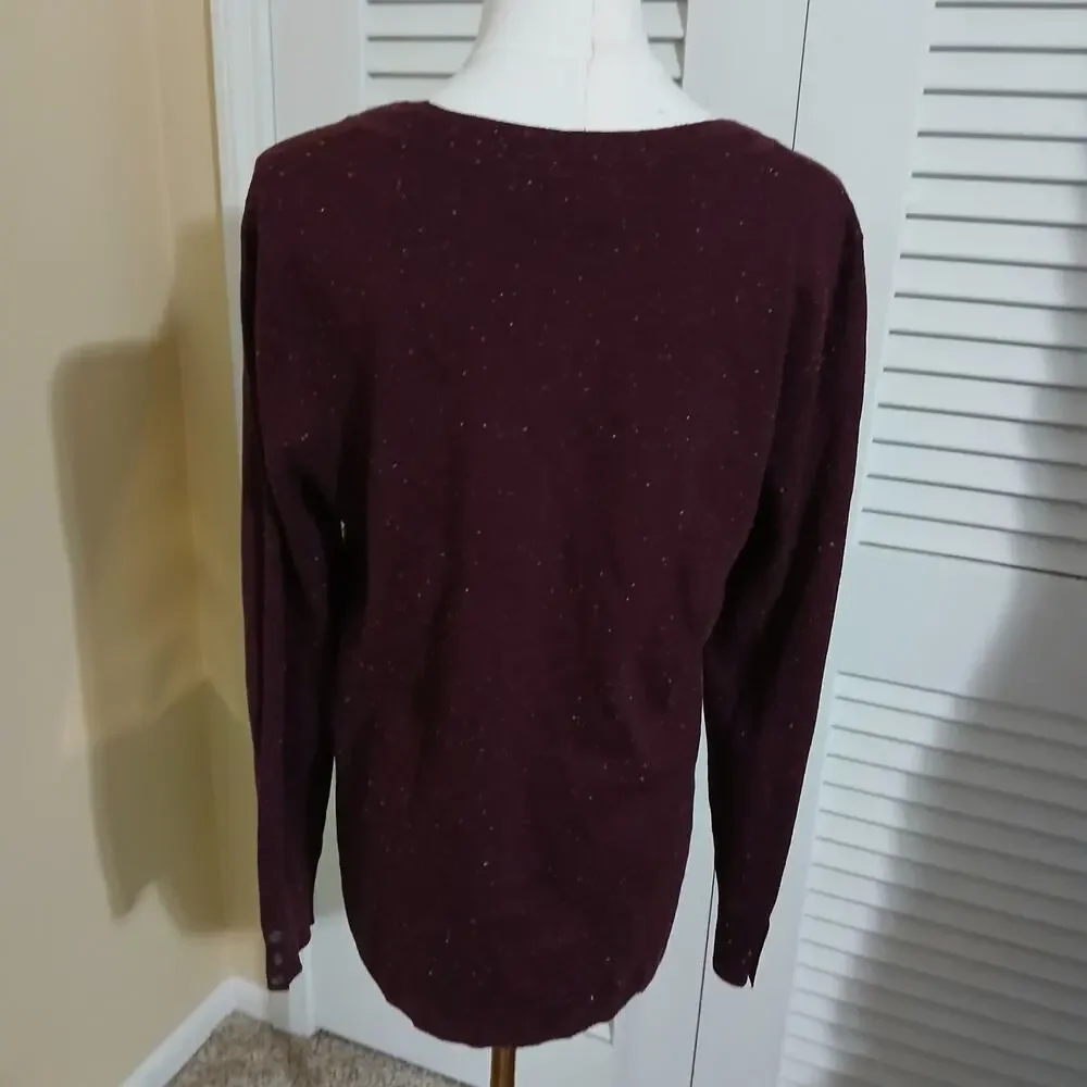 Talbots Med Maroon Multicolor Flecked V-Neck Sweater Cotton Blend Lightweight